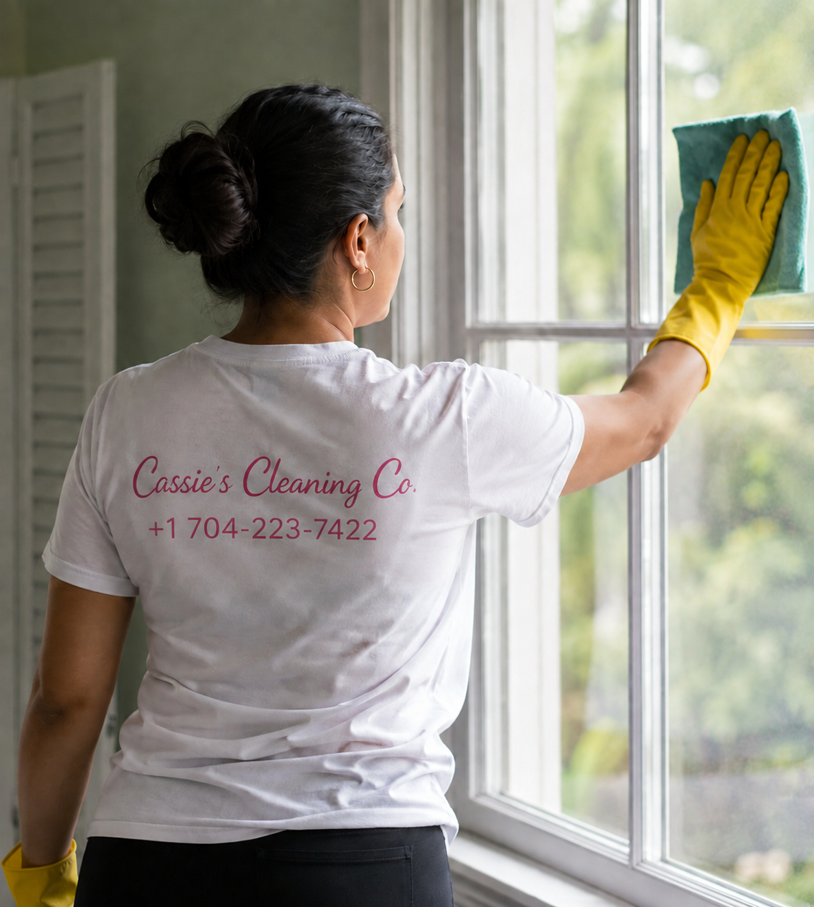 Cassie's Cleaning Co. professional cleaner cleaning a window